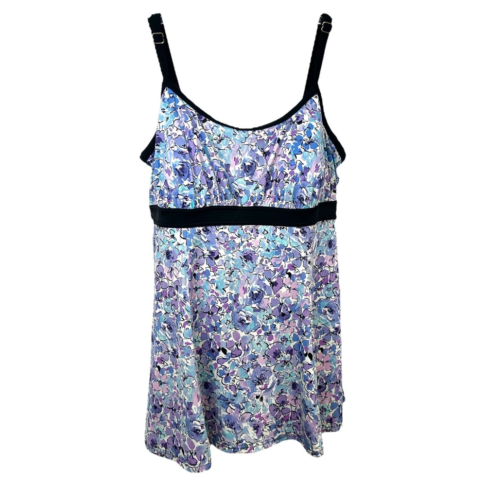 Fit 4 U Plus Size 18W Swimdress Blue Purple Floral Print One Piece‎ Swimsuit 524